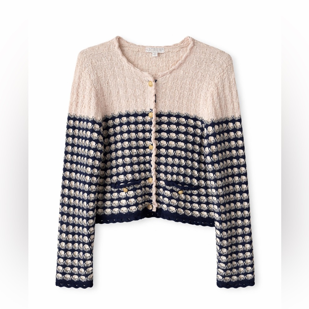 J.crew women’s texture knit gold button front cardigan navy cream